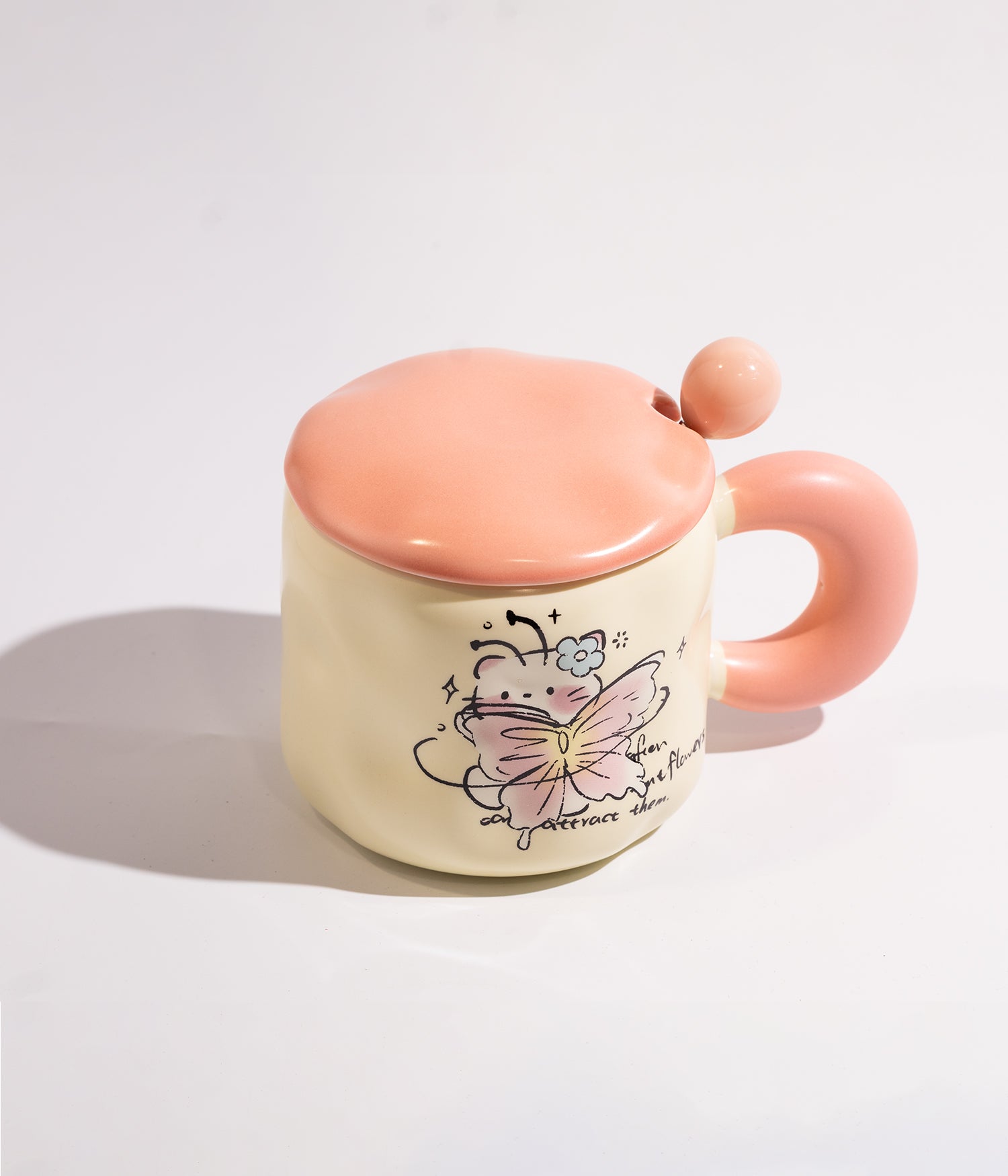 كوب سيراميك بتصميم فتاة الفراشة وملعقة وغطاء لحفظ الحرارة
