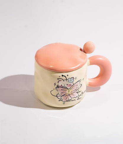 كوب سيراميك بتصميم فتاة الفراشة وملعقة وغطاء لحفظ الحرارة
