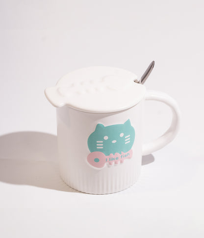 كوب سيراميك بتصميم قطة وسمكة مزود بملعقة وغطاء