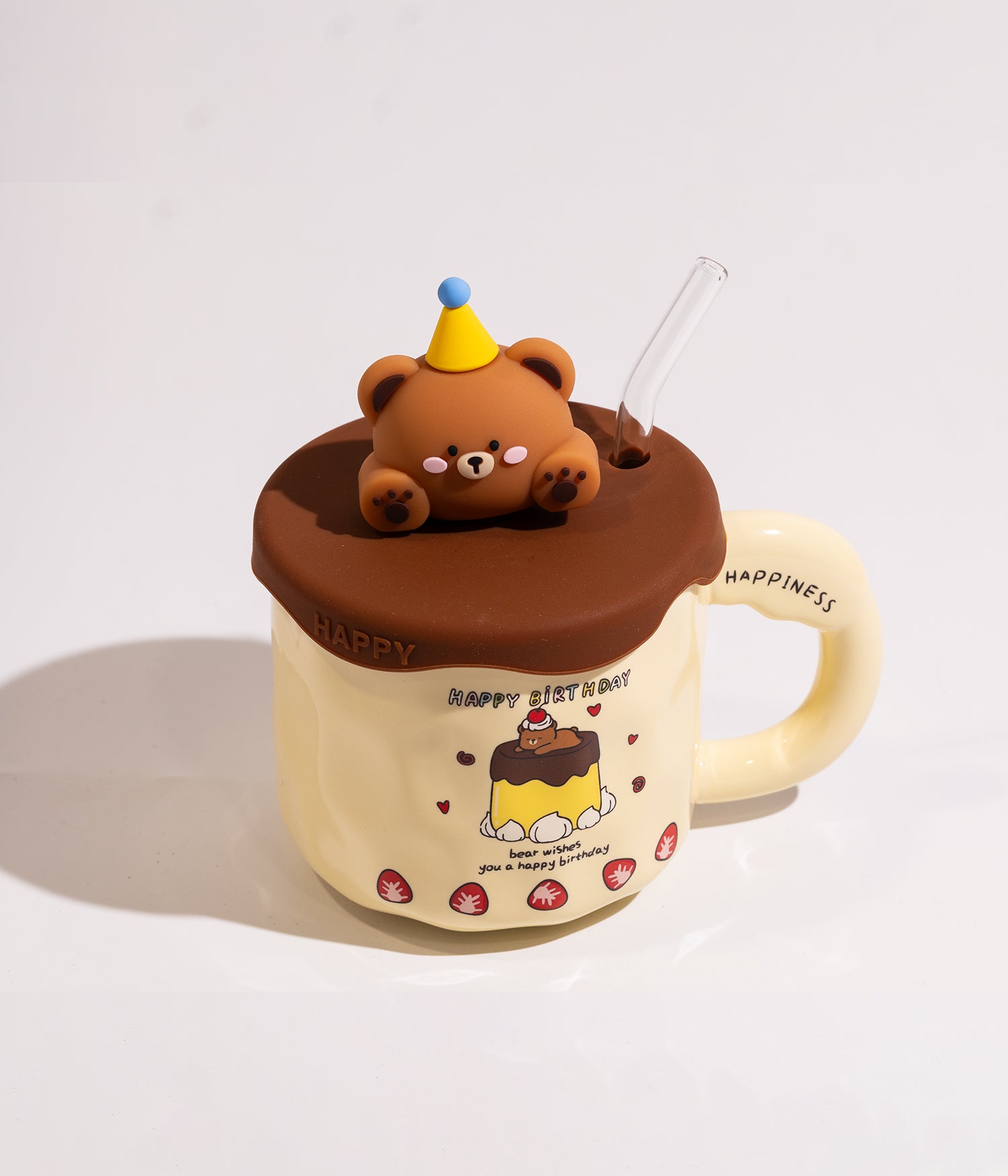 كوب سيراميك بتصميم حيوانات مرحة مع غطاء ومزاز