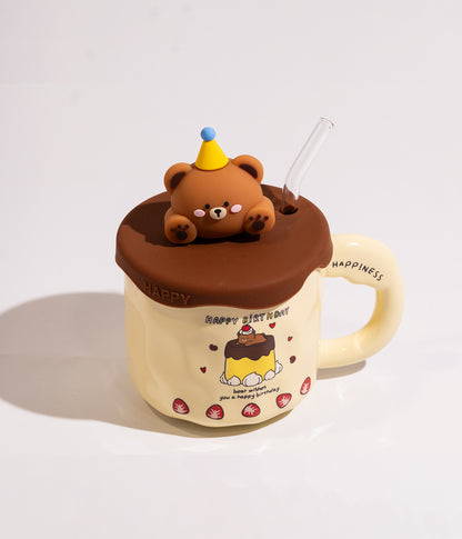 كوب سيراميك بتصميم حيوانات مرحة مع غطاء ومزاز