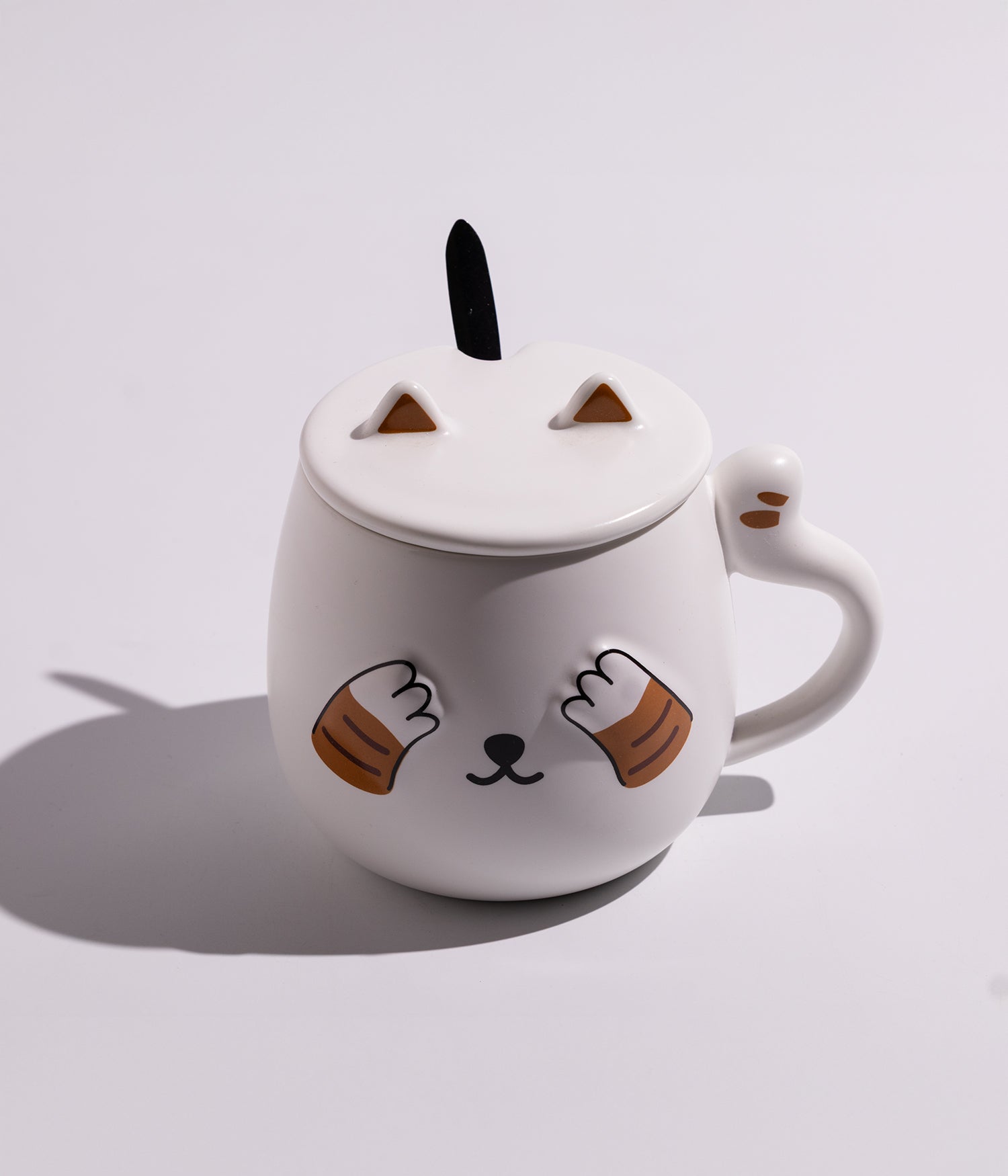 كوب سيراميك بتصميم قطة مع غطاء وملعقة