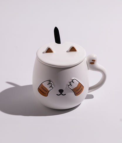 كوب سيراميك بتصميم قطة مع غطاء وملعقة