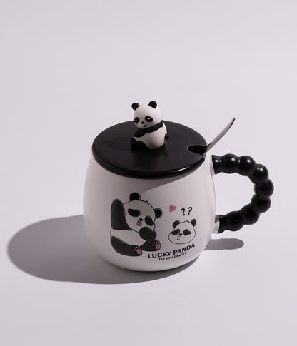 كوب سيراميك بتصميم باندا مع غطاء أسود وملعقة