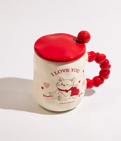 كوب قهوة سيراميك I LOVE YOU مع غطاء احمر وملعقة