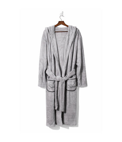 Microfiber bathrobe with hood and front pockets, one size