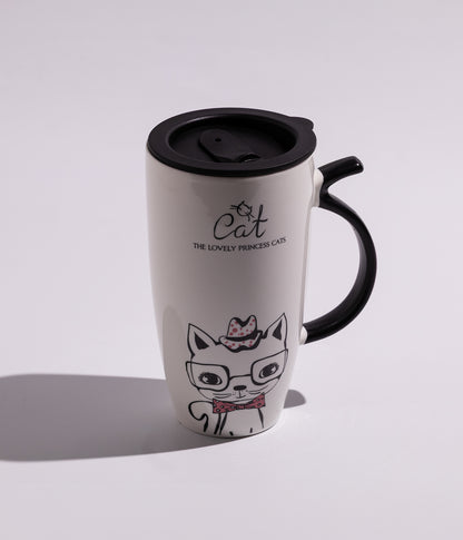 كوب سيراميك برسومات قطط وغطاء أسود لحفظ المشروبات