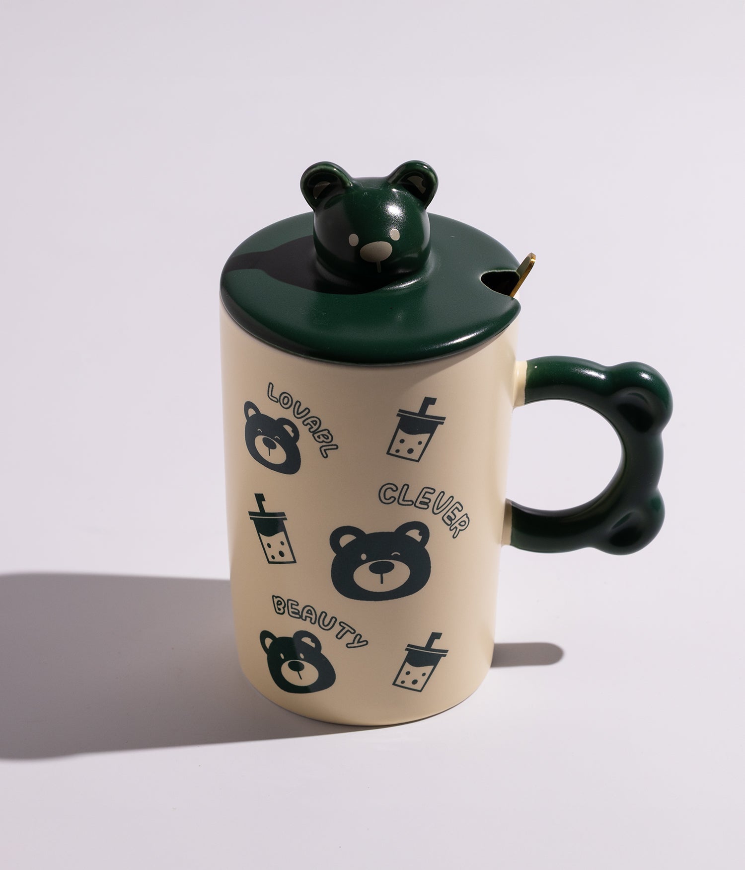 كوب سيراميك بتصميم وجوه دببة مع غطاء وملعقة