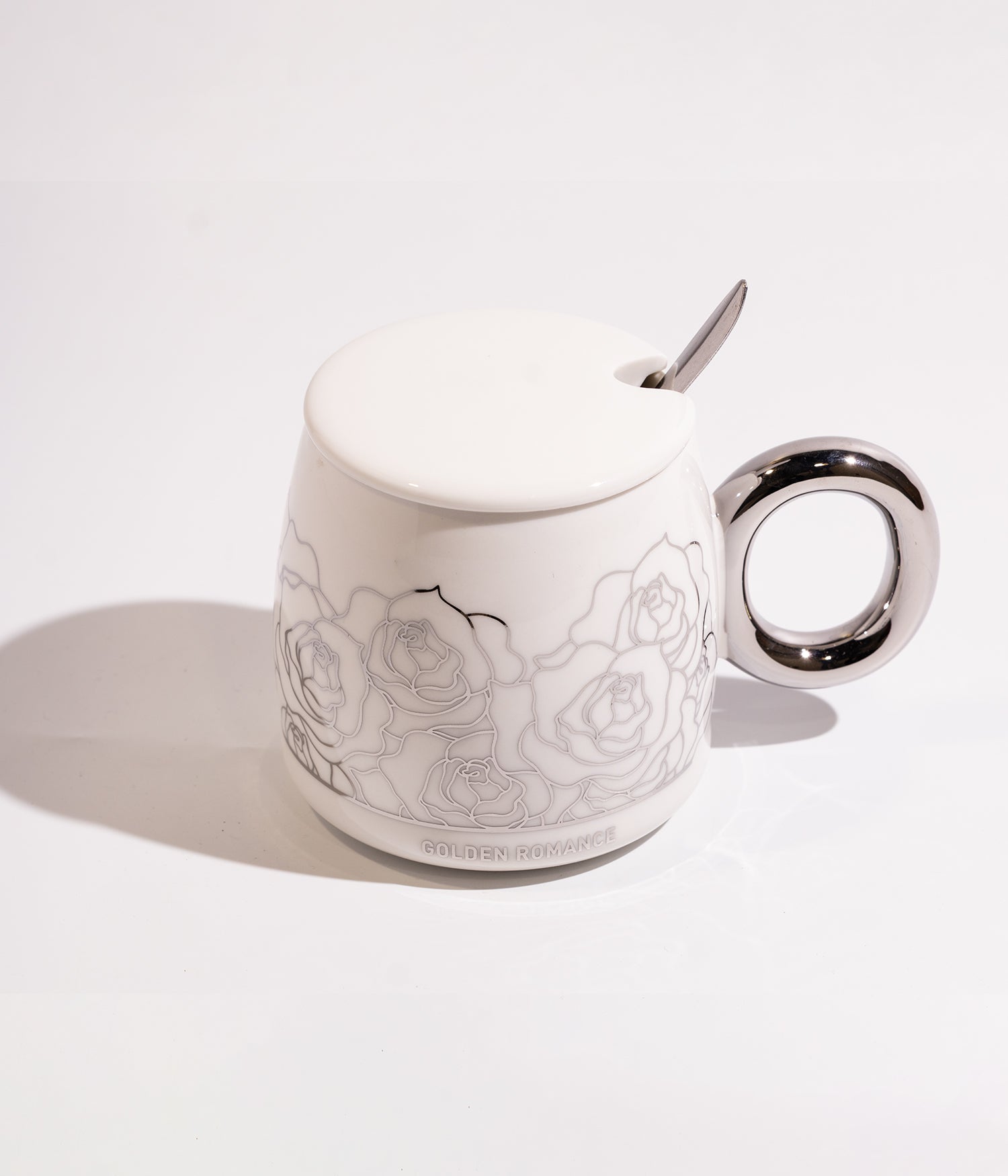 كوب سيراميك بتصميم خطوط على شكل زهور مع غطاء وملعقة