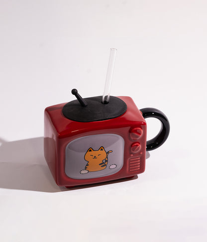 كوب سيراميك بتصميم تلفزيون عليه قطط مع مزاز وغطاء لحفظ الحرارة