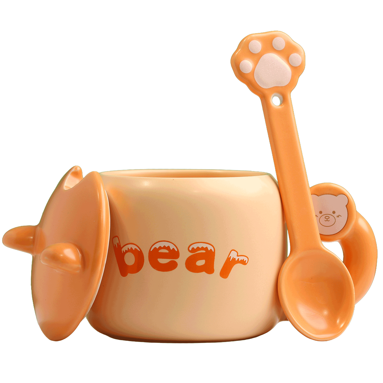 Ceramic coffee mug with bear phrase, lid and spoon