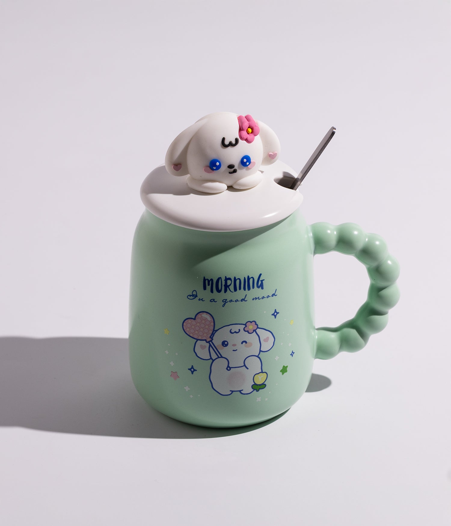 كوب سيراميك بتصميم رأس الارنب على الغطاء مع ملعقة