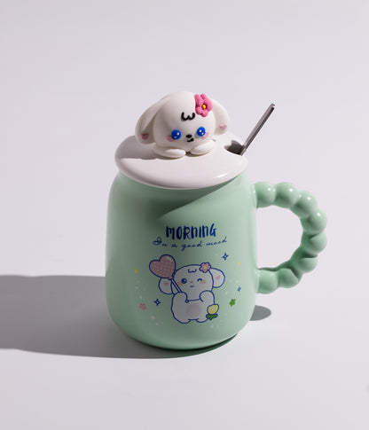 كوب سيراميك بتصميم رأس الارنب على الغطاء مع ملعقة