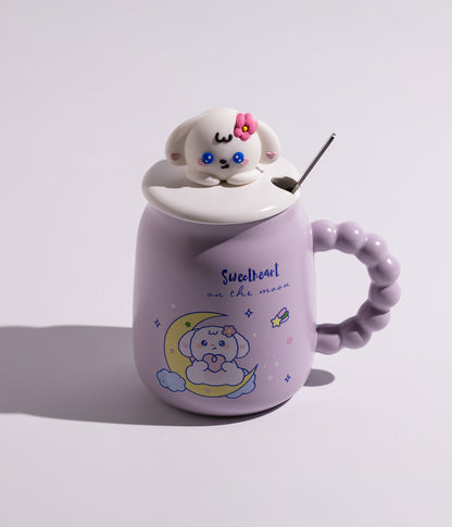 كوب سيراميك بتصميم رأس الارنب على الغطاء مع ملعقة