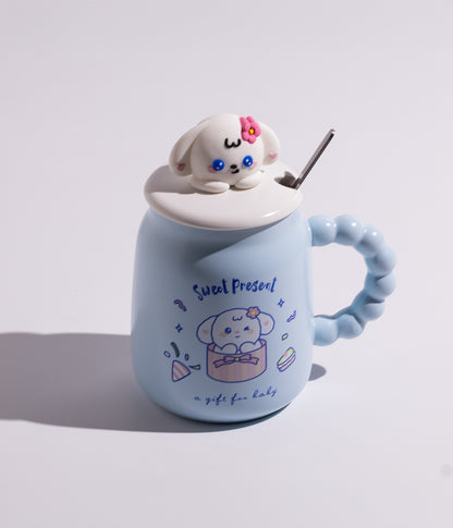 كوب سيراميك بتصميم رأس الارنب على الغطاء مع ملعقة