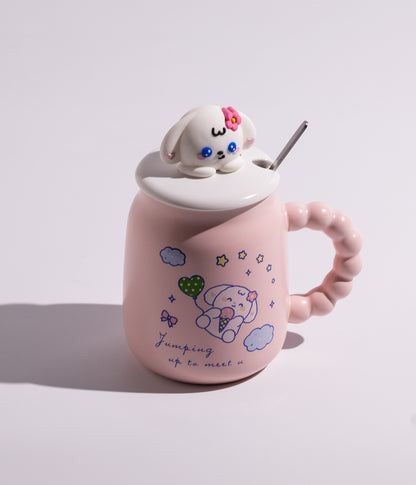 كوب سيراميك بتصميم رأس الارنب على الغطاء مع ملعقة