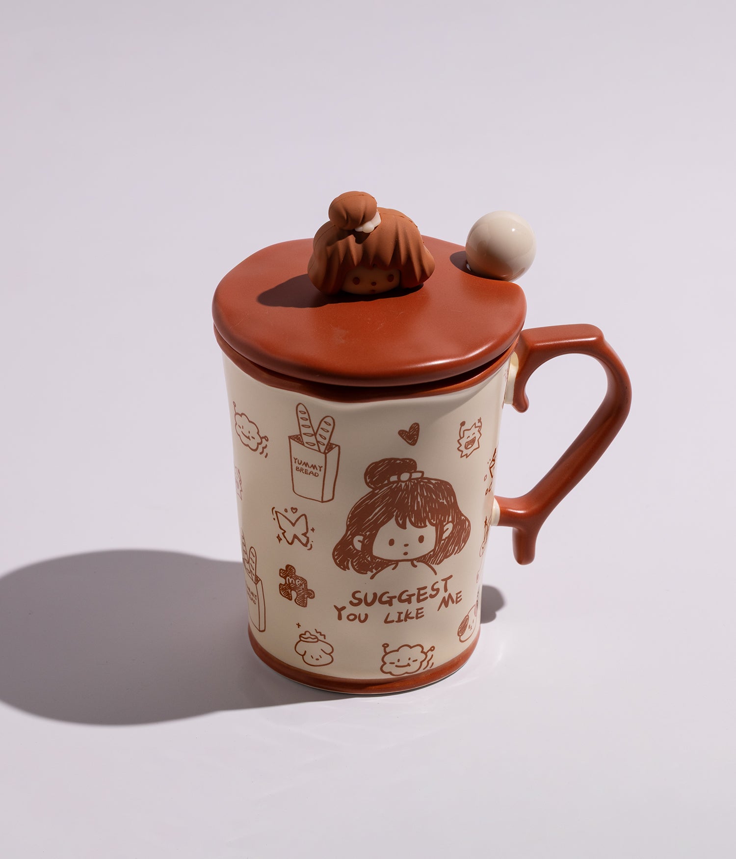 كوب سيراميك بتصميم شخصيات لطيفة مع غطاء وملعقة