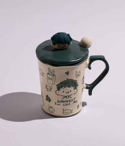 كوب سيراميك بتصميم شخصيات لطيفة مع غطاء وملعقة