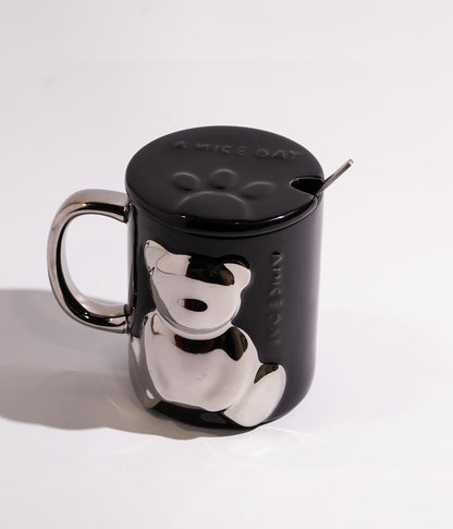 كوب سيراميك بتصميم دب ميتاليك بارز مع غطاء وملعقة