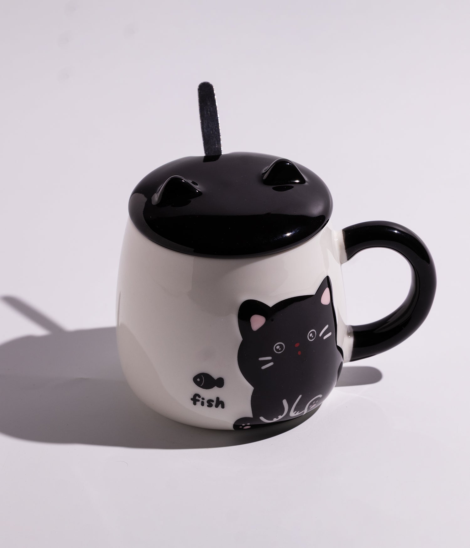 كوب سيراميك بتصميم القطة المرحة مع غطاء بأذنين وملعقة