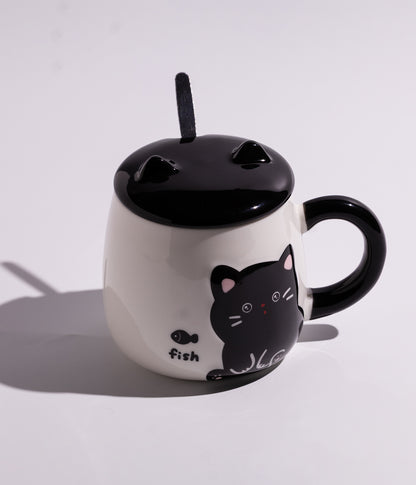كوب سيراميك بتصميم القطة المرحة مع غطاء بأذنين وملعقة