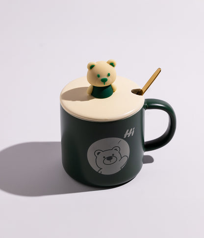 كوب قهوة سيراميك بتصميم مجسم الدب على الغطاء مع ملعقة