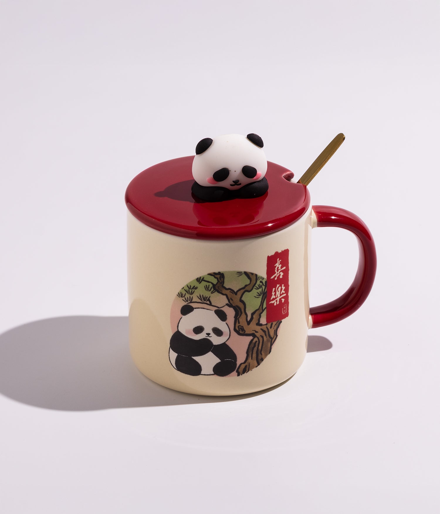 كوب سيراميك بتصميم باندا في الغابة بغطاء وملعقة ذهبية