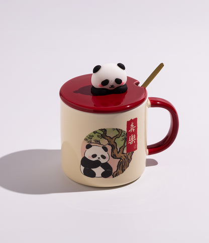 كوب سيراميك بتصميم باندا في الغابة بغطاء وملعقة ذهبية