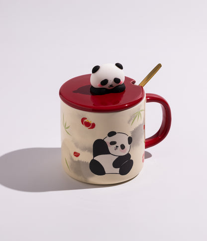 كوب سيراميك بتصميم باندا في الغابة بغطاء وملعقة ذهبية