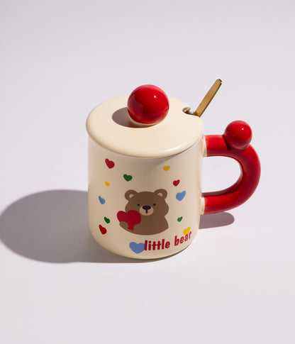 كوب قهوة سيراميك برسمة دب لطيف مع غطاء وملعقة