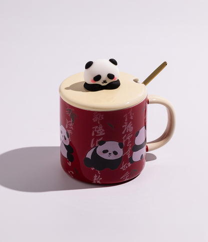 كوب سيراميك بتصميم باندا في الغابة بغطاء وملعقة ذهبية