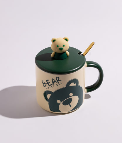 كوب قهوة سيراميك بتصميم مجسم الدب على الغطاء مع ملعقة
