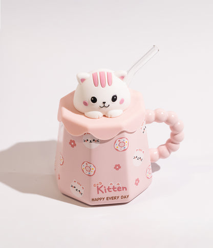 كوب سيراميك بتصميم حيوانات مرحة مع غطاء ومزاز