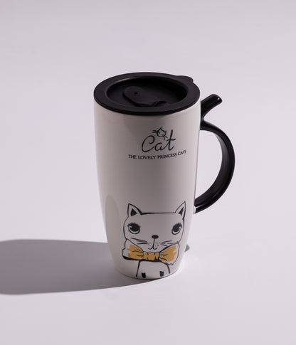 كوب سيراميك برسومات قطط وغطاء أسود لحفظ المشروبات