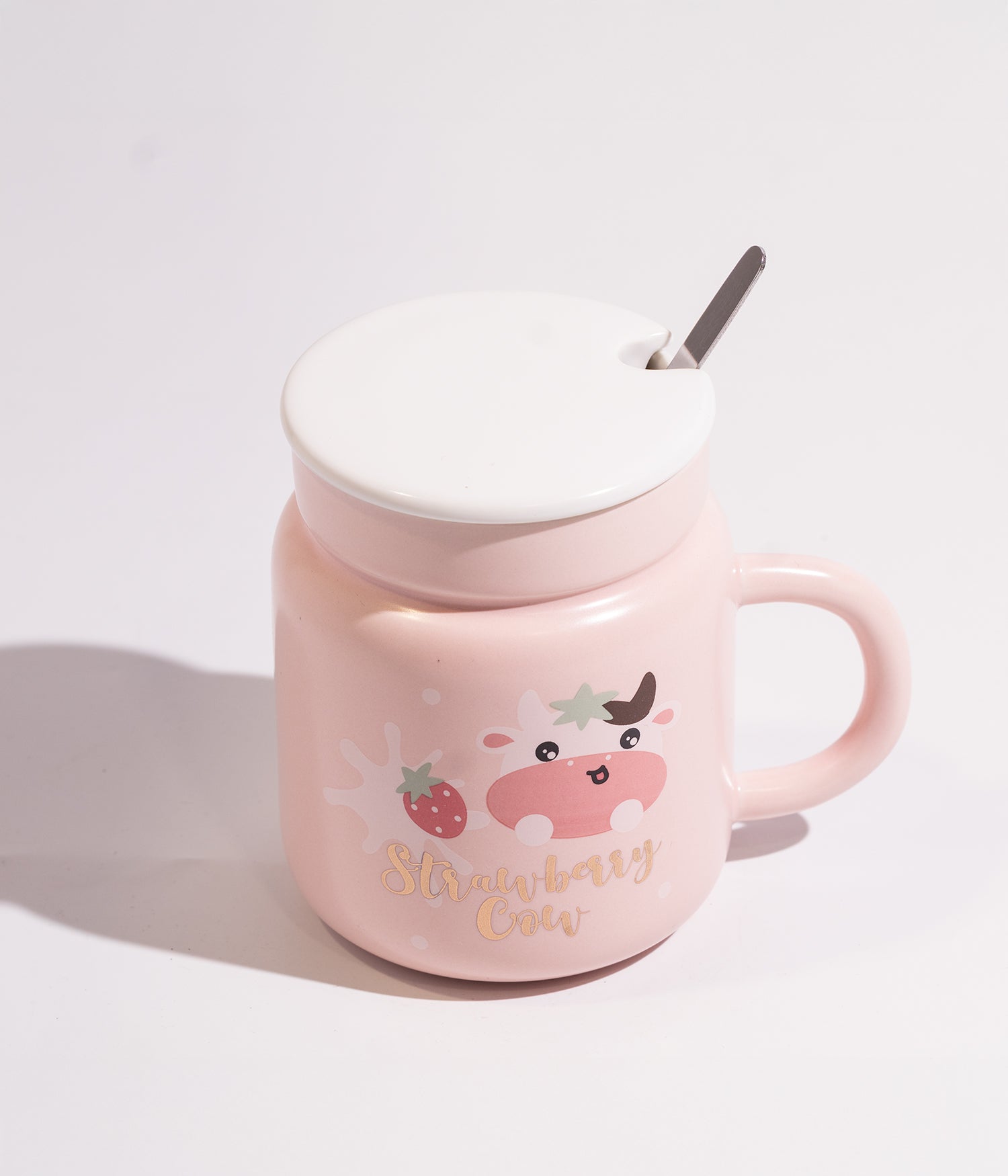 كوب سيراميك بتصميم البقرة المرحة مع غطاء وملعقة