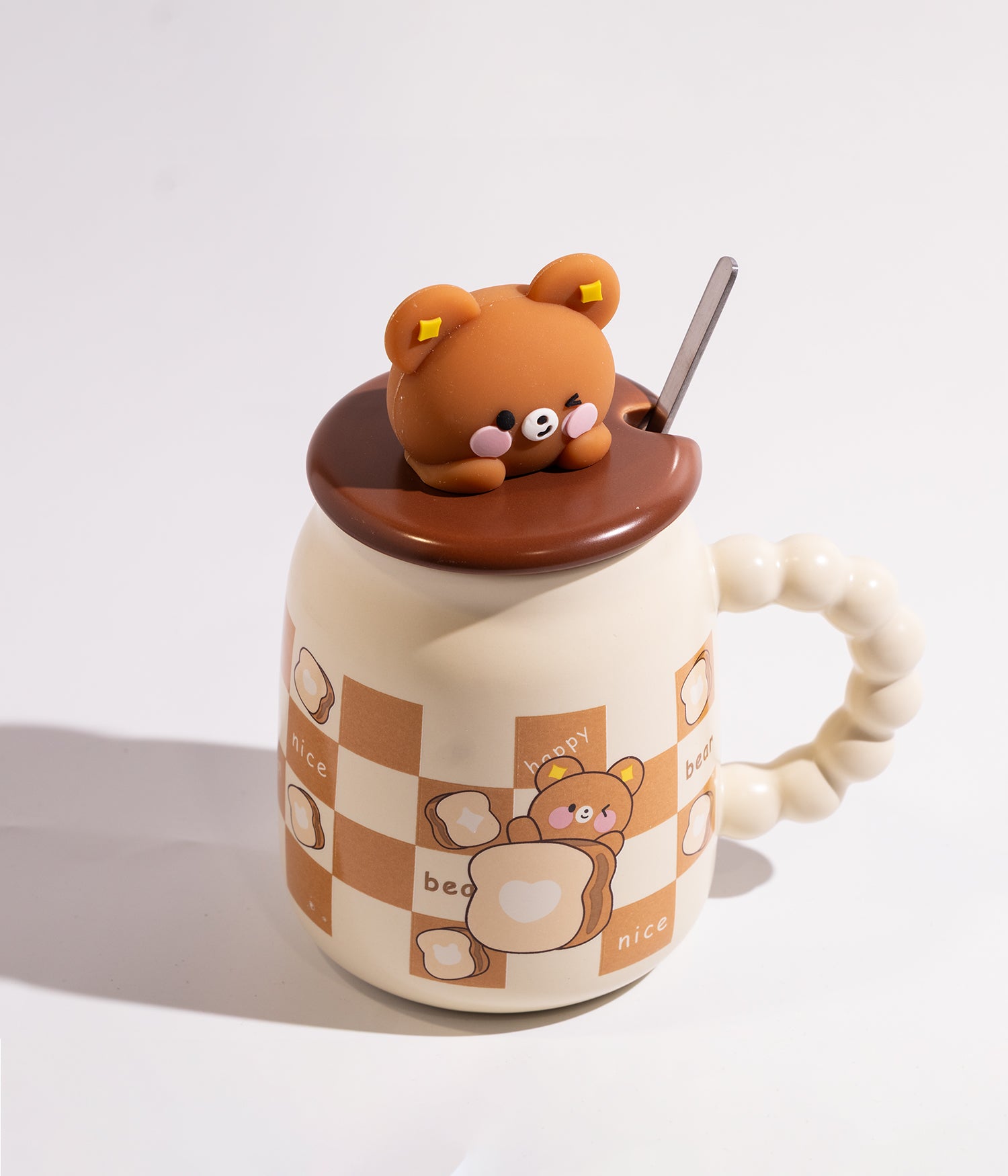 كوب سيراميك بمجسم دب بني على الغطاء مع ملعقة