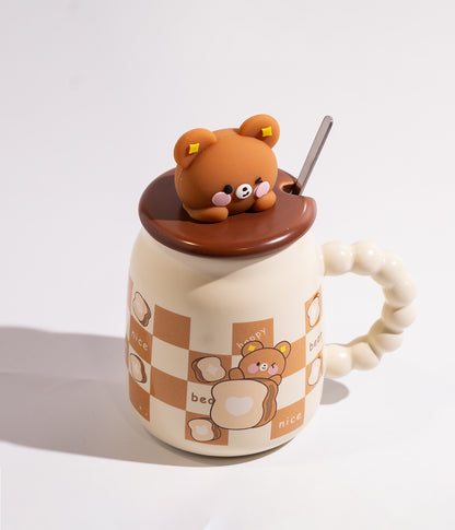 كوب سيراميك بمجسم دب بني على الغطاء مع ملعقة