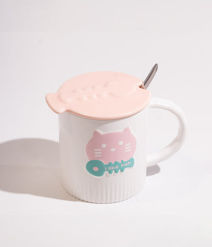كوب سيراميك بتصميم قطة وسمكة مزود بملعقة وغطاء