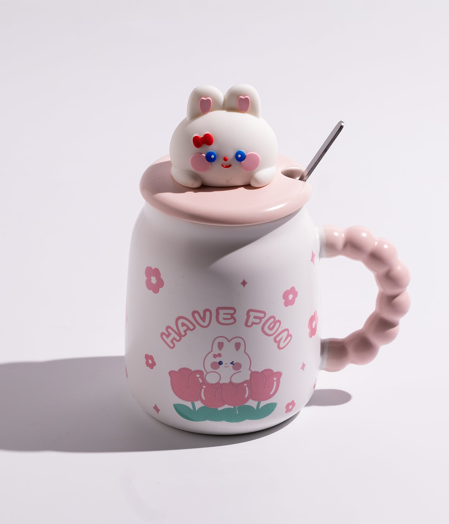 كوب سيراميك بمجسم رأس أرنب على الغطاء مع ملعقة