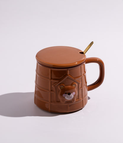 كوب سيراميك بتصميم دب سعيد مع غطاء وملعقة