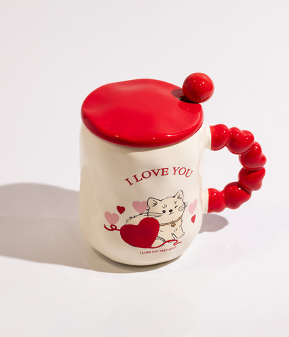 كوب قهوة سيراميك I LOVE YOU مع غطاء احمر وملعقة