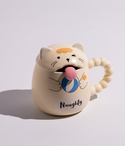كوب بتصميم قطة مرحة مع غطاء وملعقة على شكل لسان القطة