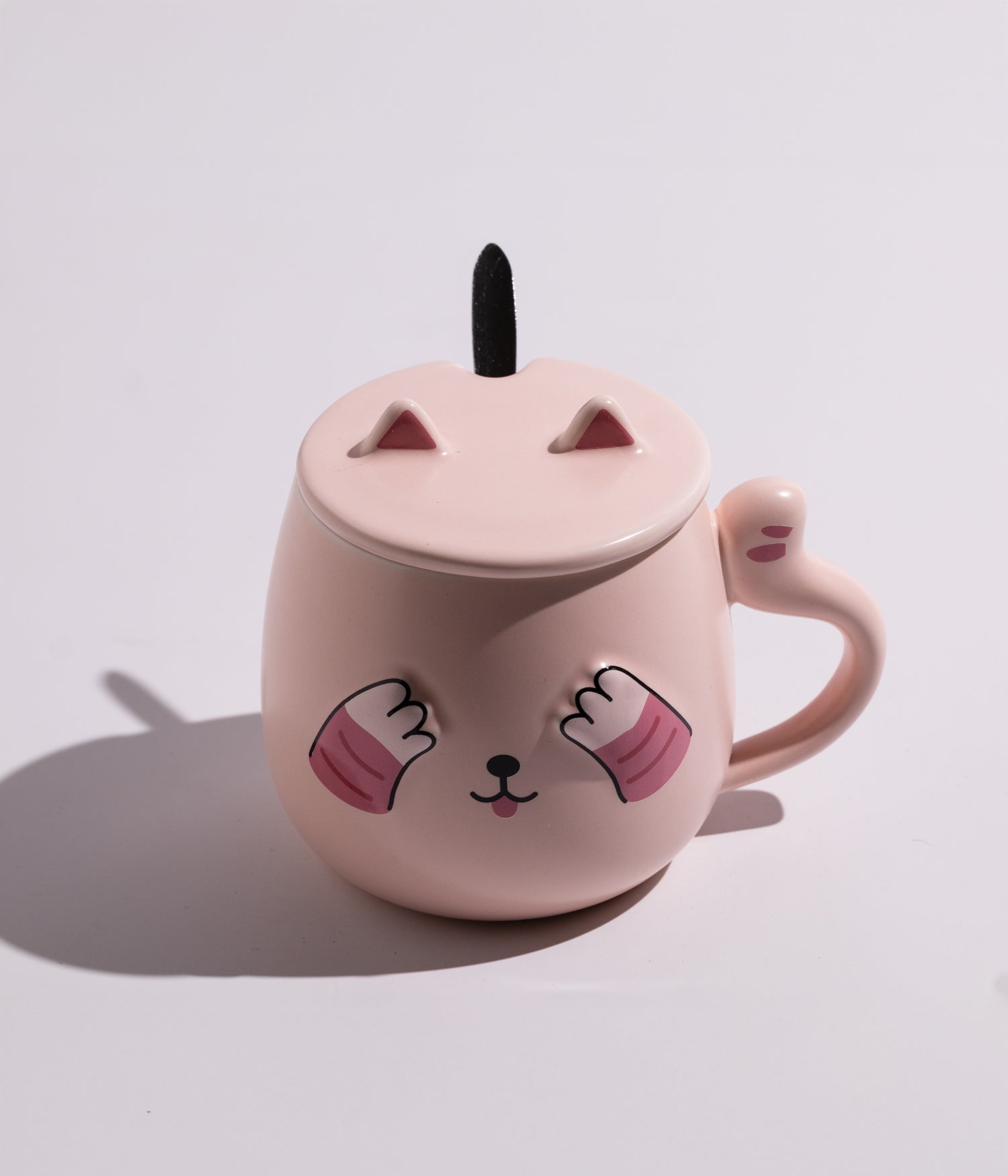 كوب سيراميك بتصميم قطة مع غطاء وملعقة