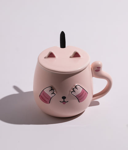 كوب سيراميك بتصميم قطة مع غطاء وملعقة