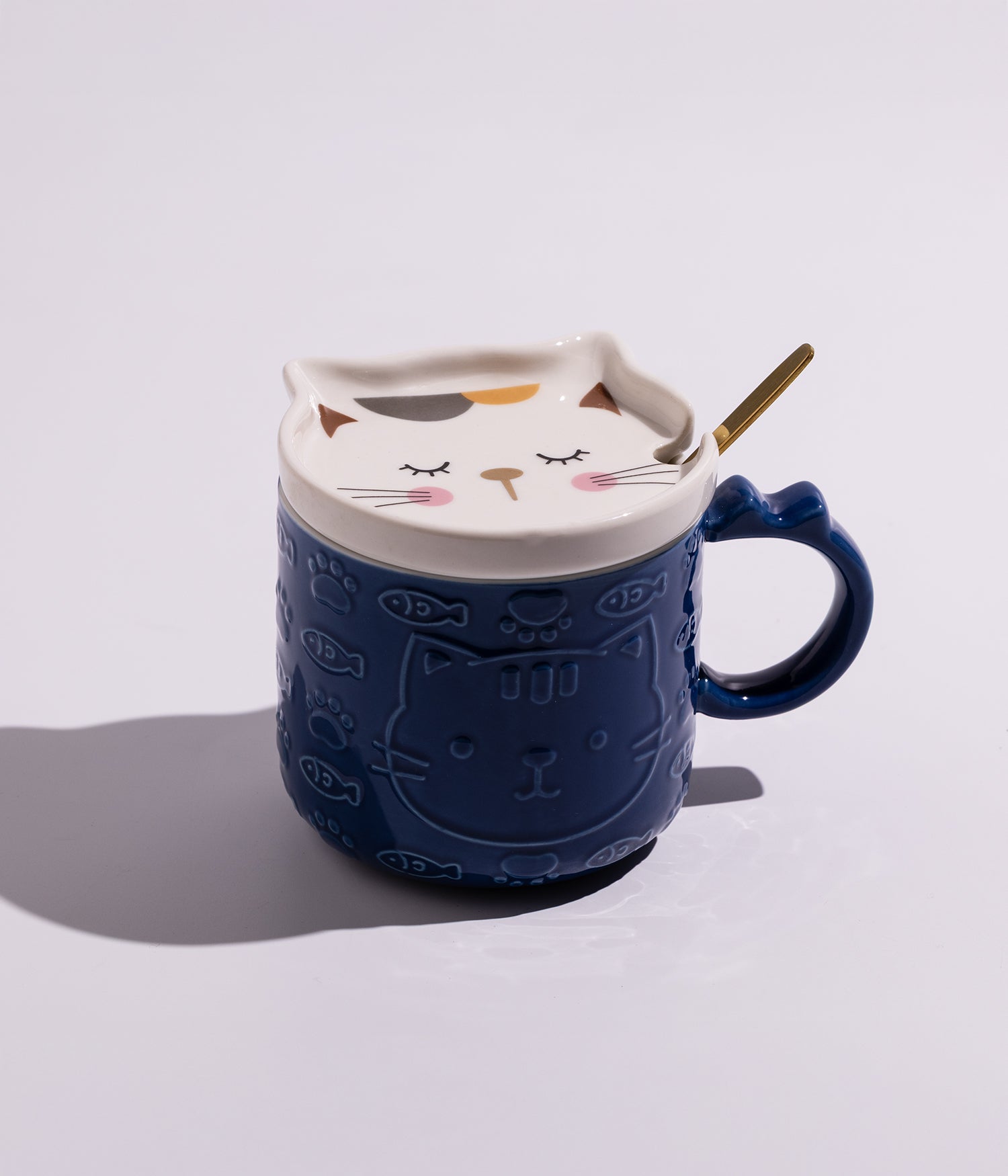 كوب سيراميك بتصميم قطة مع غطاء وملعقة
