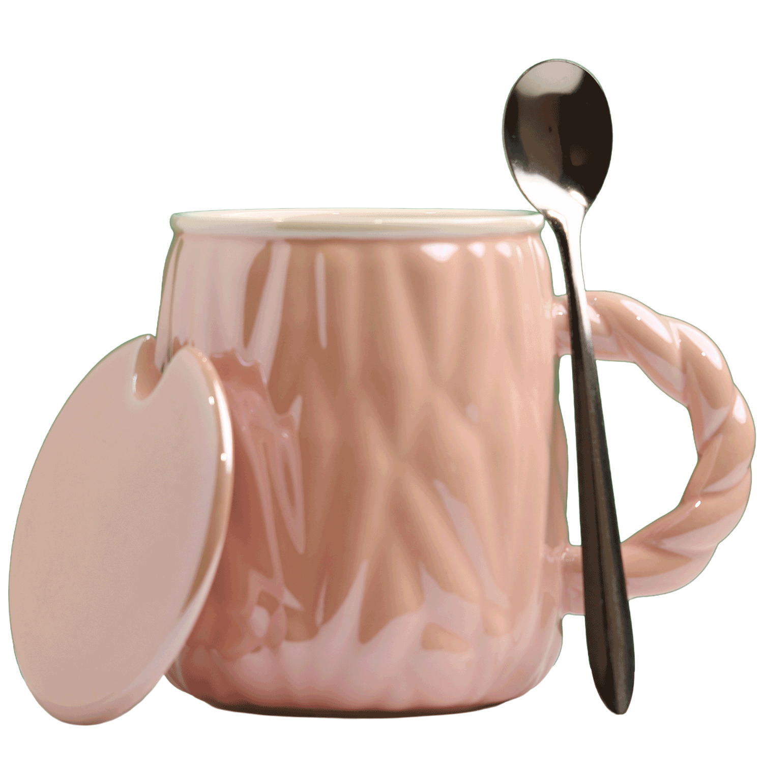 Ceramic mug with a wave design, with a lid and spoon