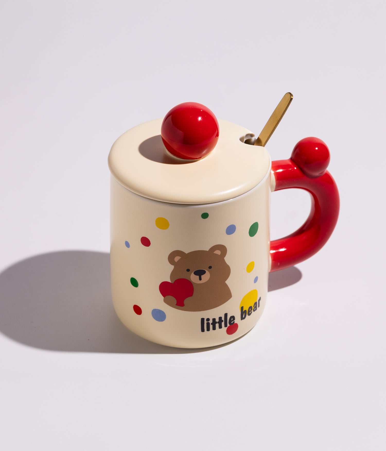 كوب قهوة سيراميك برسمة دب لطيف مع غطاء وملعقة