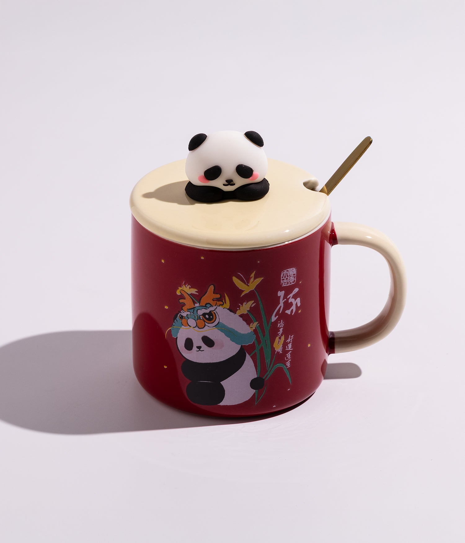 كوب سيراميك بتصميم باندا في الغابة بغطاء وملعقة ذهبية