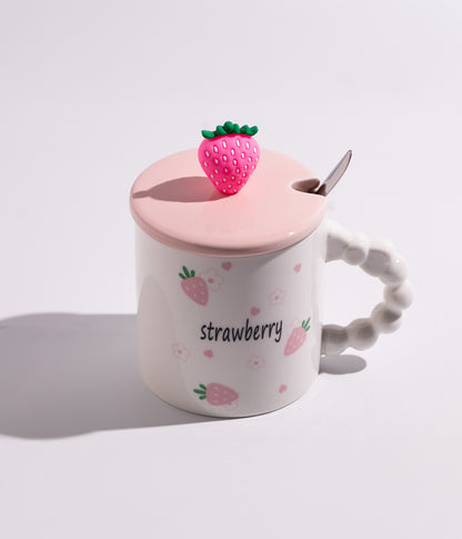 كوب قهوة سيراميك بتصميم مجسم فراولة على الغطاء مع ملعقة