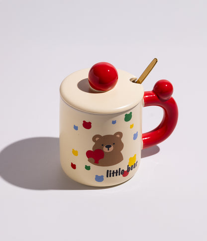 كوب قهوة سيراميك برسمة دب لطيف مع غطاء وملعقة